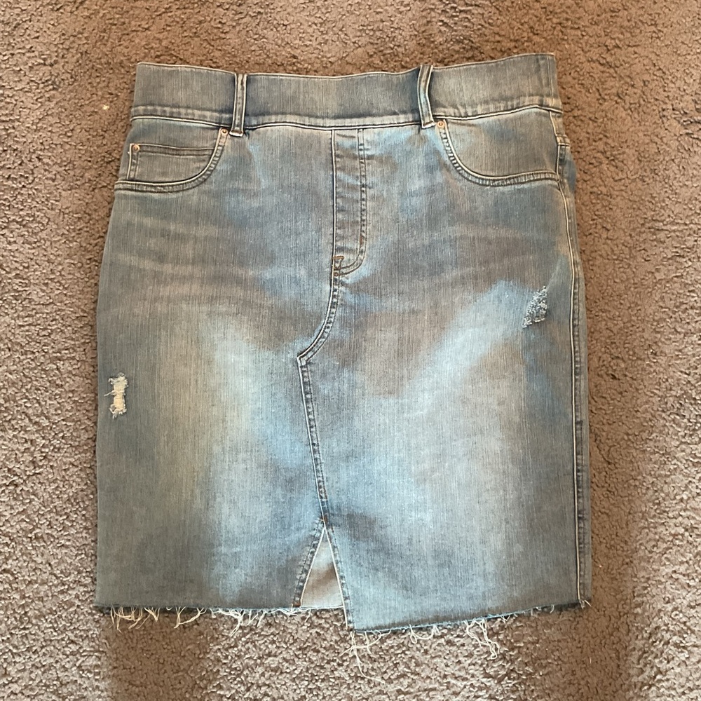 NWOT SPANX Distressed Light Blue Denim Midi Skirt Red Tag Dress Casual Y2K sz 1X